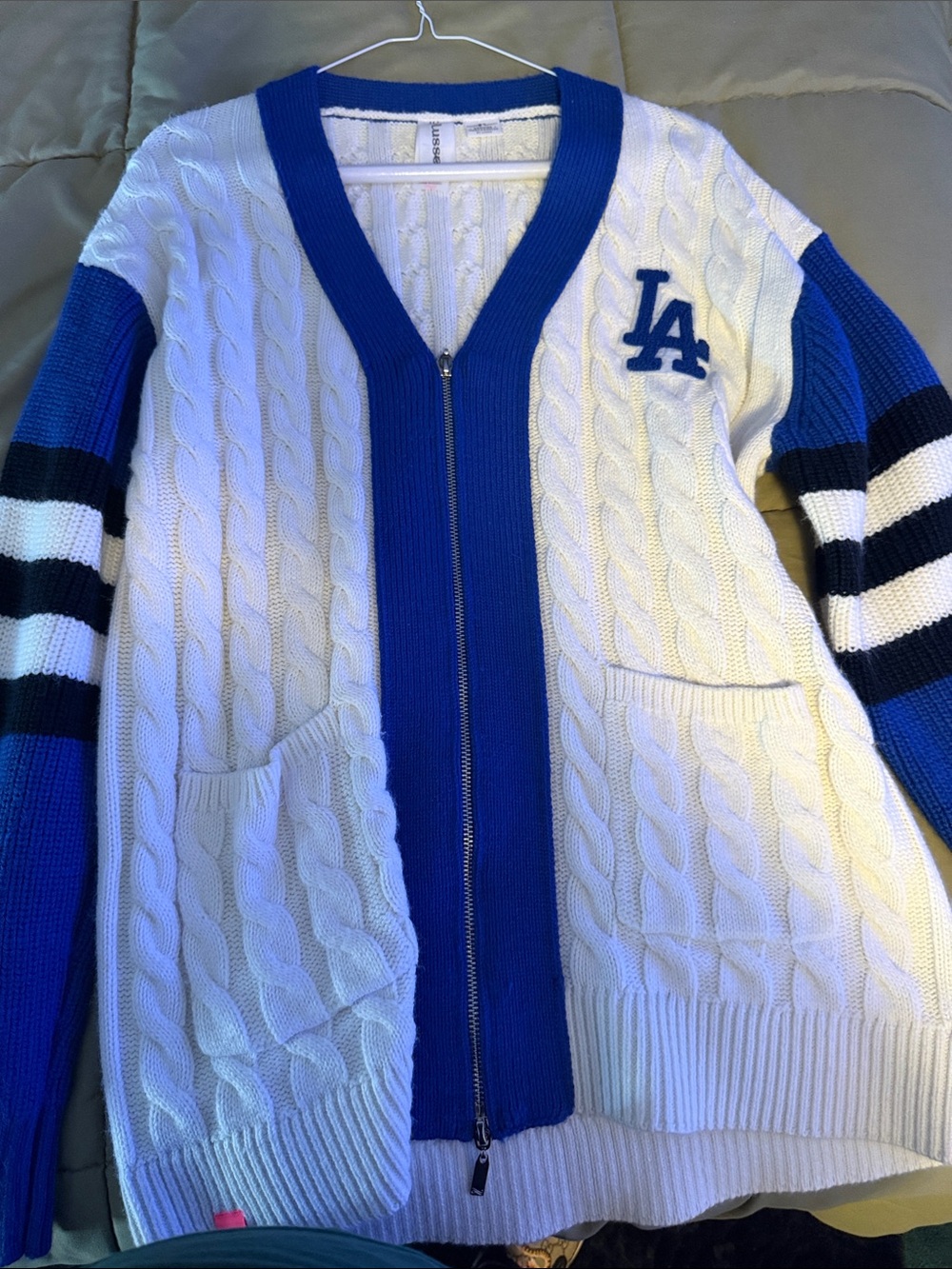 LA Dodgers Emblem Cable-Knit Zip Cardigan Sweater - White & Royal Blue